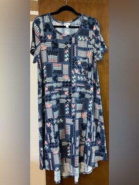 LuLaRoe Carly Dress in Navy Blue with Pink and Light Blue Accents